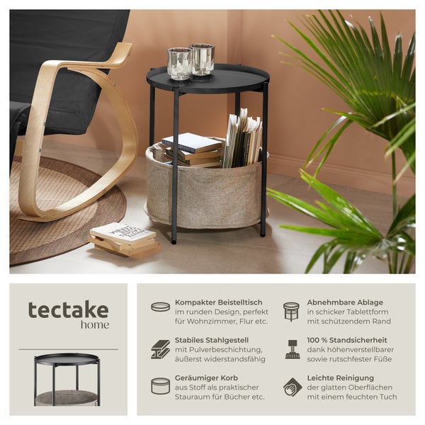 Beistelltisch mit Stahlgestell und Stoffkorb neben einem Sessel.