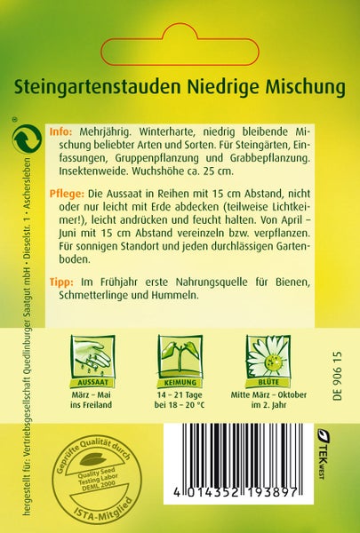 Rückseite einer Samentüte für Steingartenstauden mit Informationen zu Aussaat, Keimung, Blütezeit, Qualitätssiegeln und Pflegehinweisen.