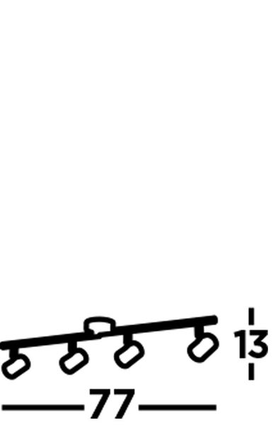 Technische Zeichnung einer Deckenleuchte mit vier Strahlern und Maßangaben