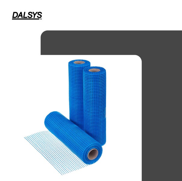 DALSYS Logo und drei Rollen blaues Armierungsgewebe zur Verstärkung von Putz und Fassaden.