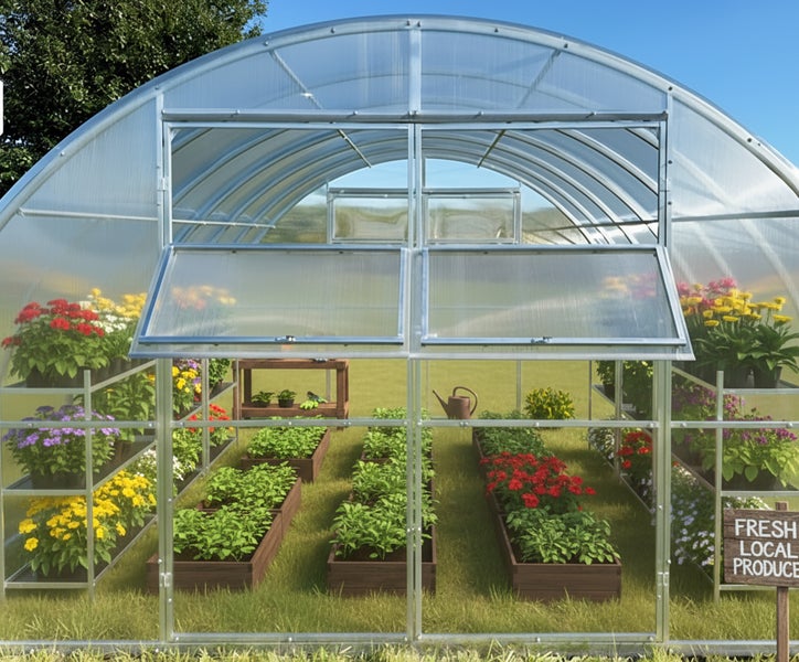 Gewächshaus mit Pflanzen in Töpfen und Beeten, Schild mit der Aufschrift Frische regionale Produkte