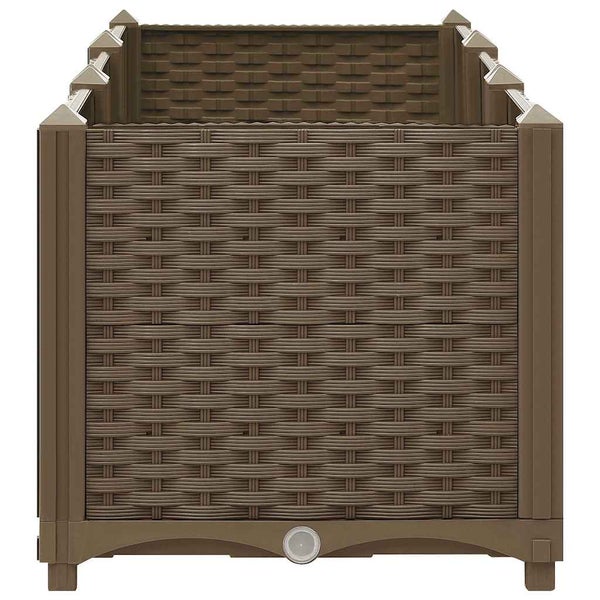 Quadratisches Hochbeet aus Kunststoff in Rattan-Optik mit Ablaufloch.