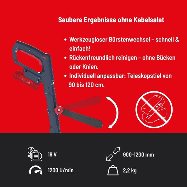 Akku-Oberflächenreiniger 18 Volt, Teleskopstiel 900 bis 1200 Millimeter, 1200 Umdrehungen pro Minute, 2,2 Kilogramm. Bürstenwechsel ohne Werkzeug. Ohne Akku.