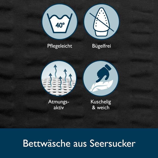 Bettwäsche aus Seersucker mit Eigenschaften: pflegeleicht bei 40 Grad, bügelfrei, atmungsaktiv und weich.