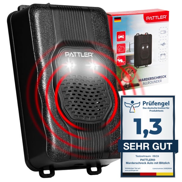 PATTLER® Marderschreck Auto mit Blitzlicht - Flexible Stromversorgung - 12V Autobatterie, AA-Batterie oder USB - Effektiver Marderschutz für Auto, Garten, Dachboden - 1 Stück