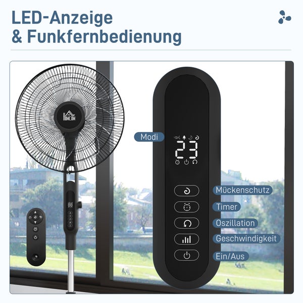 Standventilator mit LED-Anzeige und Funkfernbedienung. Modi für Mückenschutz, Timer, Oszillation und Geschwindigkeit. Homcom Logo.
