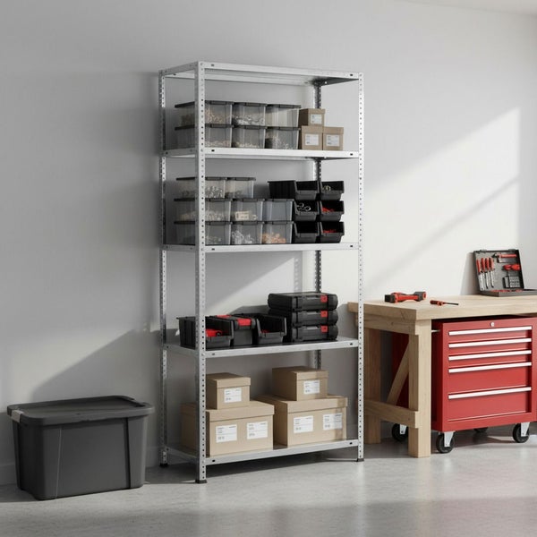 Silbernes Metallregal in einer organisierten Werkstatt mit Holzwerkbank und Werkstattwagen. Helle, aufgeräumte Atmosphäre und viel Stauraum.