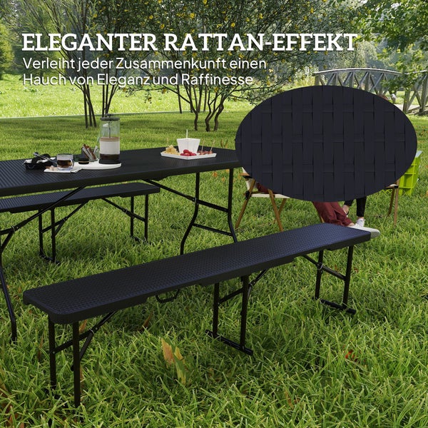 Outsunny Bierzeltgarnitur 3-teiliges Set Klappbar Campingtisch, 2 Bierbank mit Tragegriff, Rattanoptik, Biertischgarnitur Festzeltgarnitur für Balkon, Partyzelt, Garten 180 x 74 x 74 cm