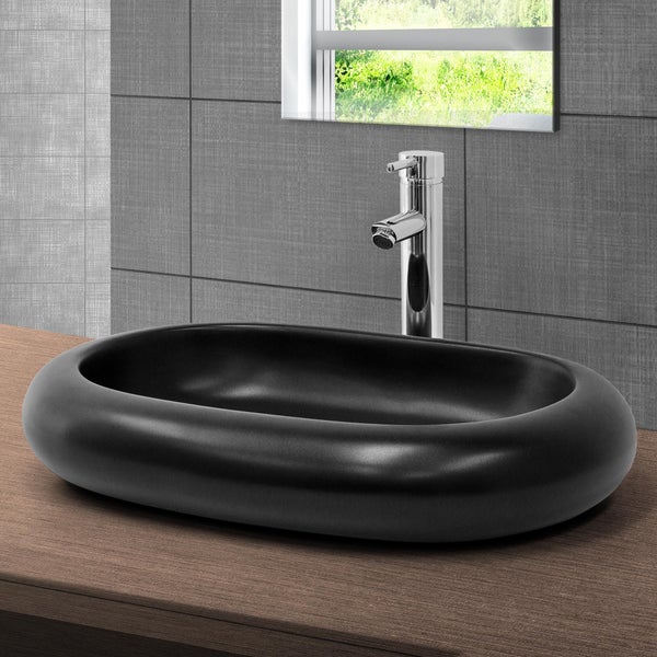 ML-Design Waschbecken Keramik Schwarz matt 65x45x11cm mit Ablaufgarnitur, Kieselstein Form, Ovale Aufsatzwaschbecken, Moderne Waschtisch Waschschale Waschplatz Handwaschbecken, für Badezimmer/Gäste-WC