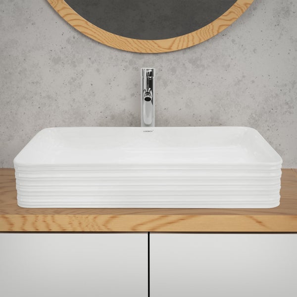 ML-Design Waschbecken aus Keramik in Weiß 68x38x12 cm Eckig inkl. Ablaufgarnitur, Moderne Aufsatzwaschbecken, Design Waschtisch Aufsatz-Waschschale Waschplatz Handwaschbecken, für Badezimmer/Gäste-WC