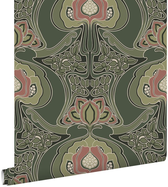 ESTAhome Tapete Blumenmuster im Jugendstil Dunkelgrün - 53 cm x 10.05 m - 139571