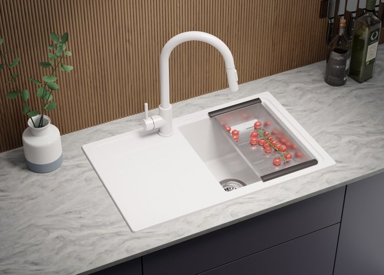 PRIMAGRAN Spülbecken Alles Weiß 70x44cm, Granitspüle 1 Becken + Ablauf-Set, Küchenspüle ab 45er Unterschrank - Kopenhagen Easy