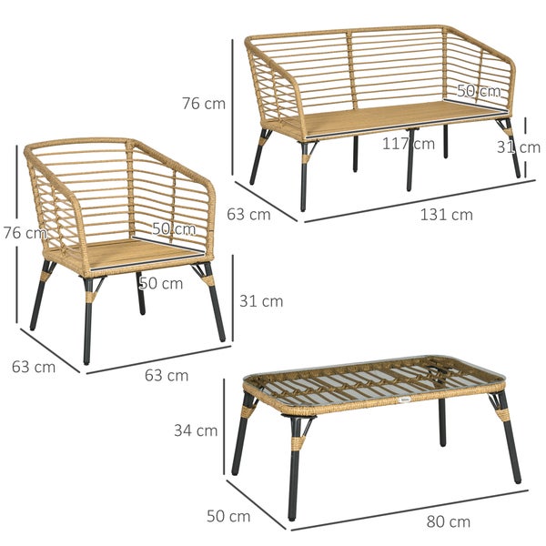 Outsunny 4 tlg. Gartenmöbel-Set, Rattan Sitzgarnitur mit Kissen, Sitzgruppe mit 3 Sesseln, 1 Couchtisch, Balkonmöbel im Boho-Stil für 4 Personen, Sand+Dunkelgrau