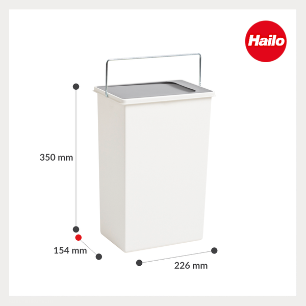 Hailo Abfalleimer mit Deckel und Metalltragegriff, Maße 350 Millimeter mal 226 Millimeter mal 154 Millimeter, Hailo Logo.