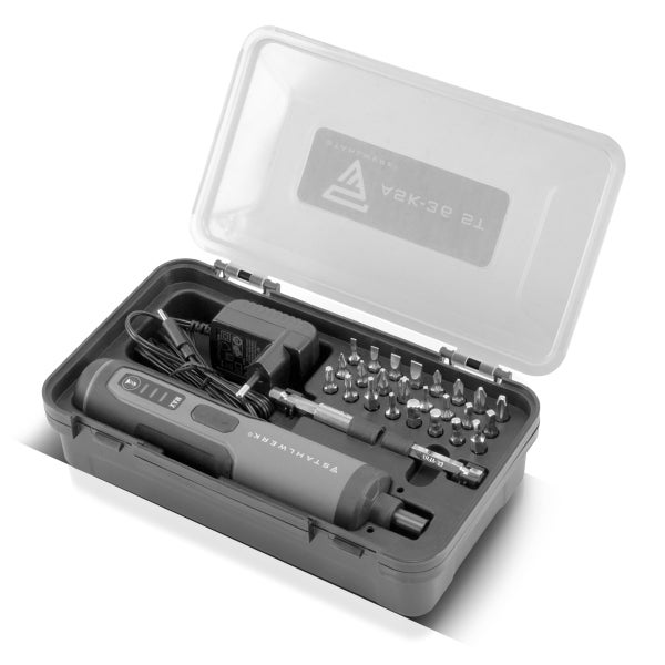Akkuschrauber-Set mit Ladegerät und verschiedenen Bits in einem Kunststoffkoffer
