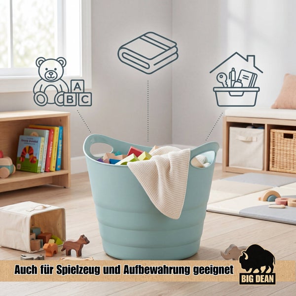 Ein runder Aufbewahrungskorb aus Kunststoff mit Griffen, der Spielzeug, Textilien oder Haushaltsgegenstände in einem Kinderzimmer ordentlich verstaut.