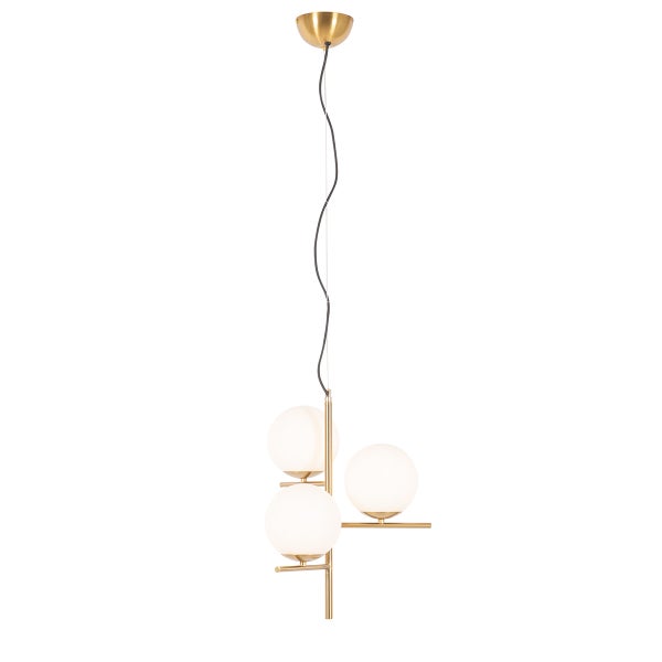 Hängeleuchte mit drei weißen Kugelschirmen an goldenem Gestell
