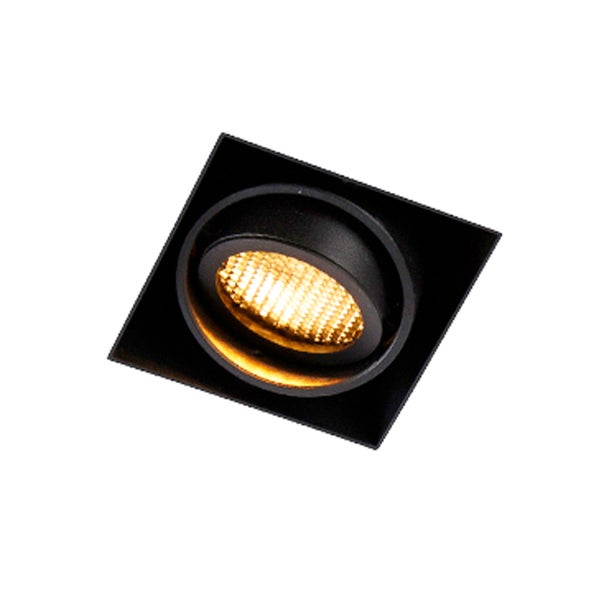 Schwarzer quadratischer Einbaustrahler mit verstellbarem rundem LED-Leuchtmittel.