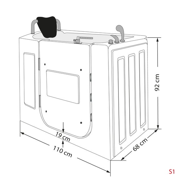 Technische Zeichnung einer Badewanne mit Tür, Maße: 110 x 68 x 92 cm