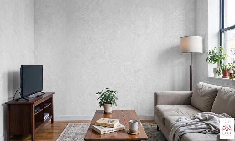 Helles Wohnzimmer mit Sofa, Tisch, Fernseher und gemusterter Tapete