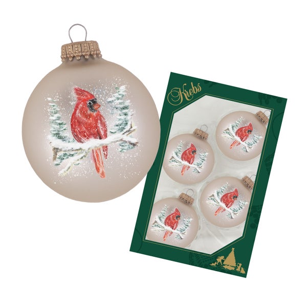 Hellgrau matt 7cm Glaskugel mit Kardinal bedruckt, 4 Stck., Weihnachtsbaumkugeln, Christbaumschmuck, Weihnachtsbaumanhänger