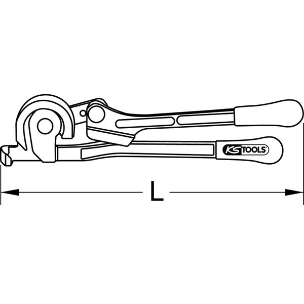 Eine technische Zeichnung eines manuellen Rohrbiegegeräts von KS Tools mit einer Längenangabe.