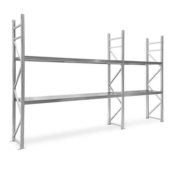 Robustes Weitspannregal aus verzinktem Metall mit zwei Ebenen, ideal als Lagerregal oder Schwerlastregal für Werkstatt und Lager.