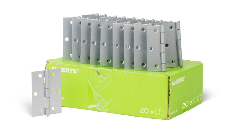Set mit zwanzig Scharnieren aus Metall in einer grünen Verpackung von Alberts Logo.
