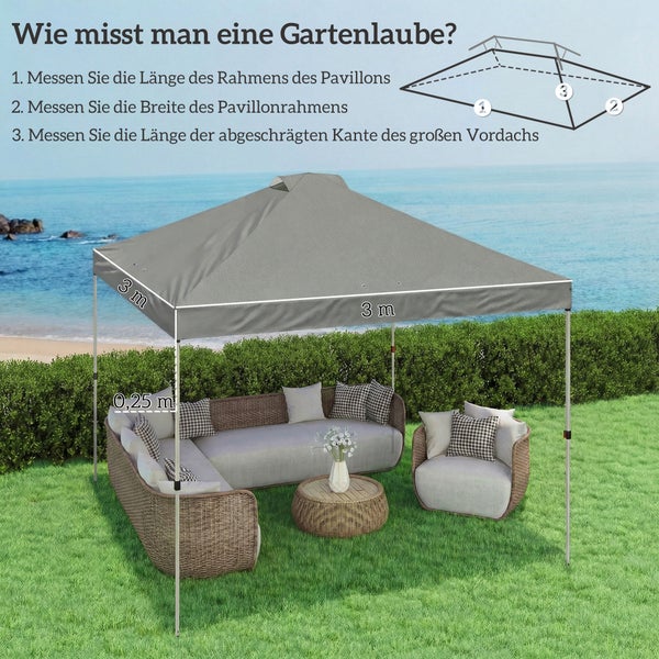 Infografik zum Ausmessen eines Pavillons mit Textanleitung sowie Maßangaben von 3 Meter mal 3 Meter.