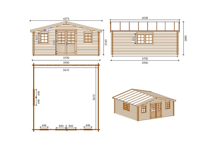 Gartenhaus, Gerätehaus 34,80m2 - 5,90x5,90m - 45mm - Imprägniert