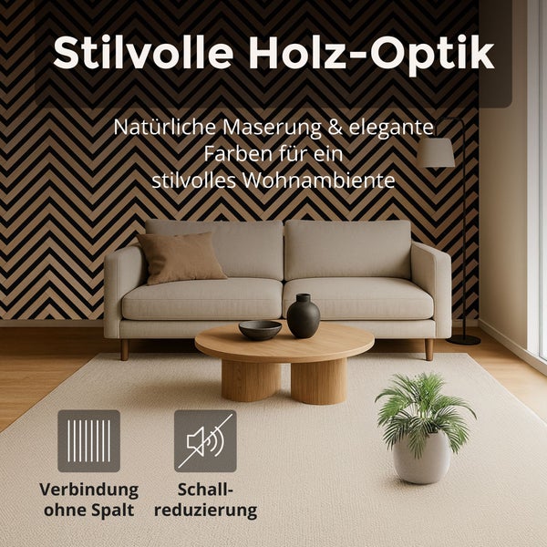 Wohnzimmer mit Wandpaneelen in Holzoptik im Zickzack-Muster, Sofa, Holztisch, Symbole für fugenlose Verbindung und Schallreduzierung.