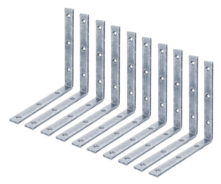 Eine Reihe von verzinkten Stahlwinkelverbindern mit vorgebohrten Schraublöchern für stabile Holzverbindungen.