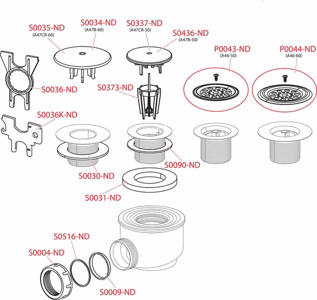 Technische Zeichnung von Siphon- und Ablauf-Ersatzteilen mit Artikelnummern für Deckel, Dichtungen und Zubehör.