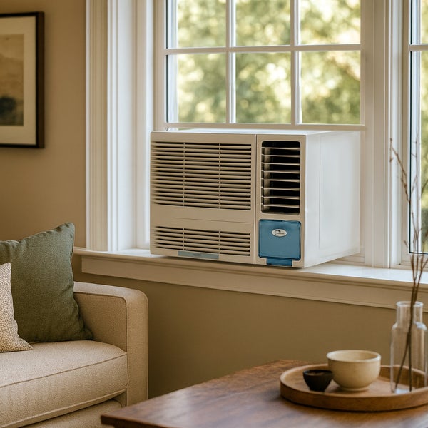 Kompakte Fensterklimaanlage in einem hellen Wohnzimmer auf der Fensterbank montiert.