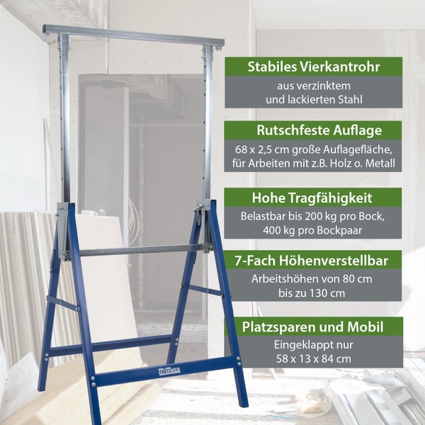 Trutzholm Arbeitsbock aus verzinktem Stahl, 7-fach höhenverstellbar von 80 bis 130 Zentimeter, Tragkraft 200 Kilogramm. Trutzholm Logo.