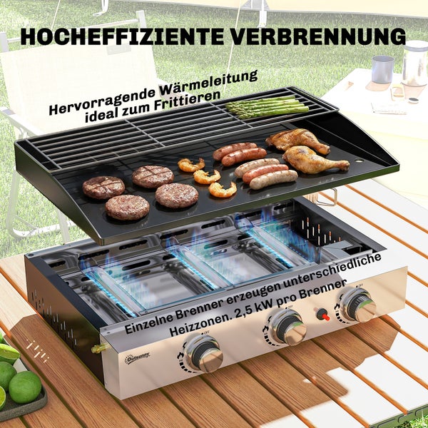 Mobiler Tisch-Gasgrill mit drei Brennern, Plancha-Grillplatte und zwei komma fünf Kilowatt Leistung pro Brenner. Outsunny Logo.