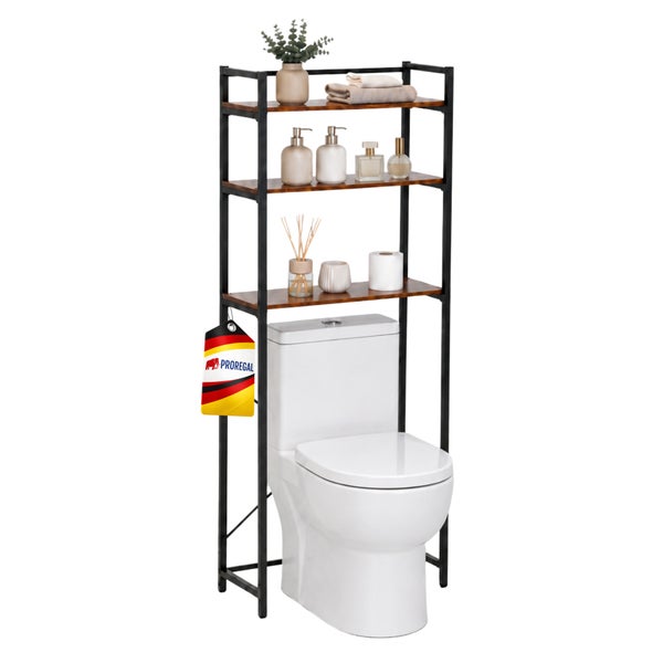 Proregal Toilettenregal mit drei Regalböden aus Holz und Metallgestell über einer weißen Toilette mit Badaccessoires.
