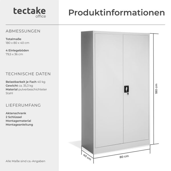 Aktenschrank aus pulverbeschichtetem Stahl mit vier Einlegeböden und zwei Schlüsseln