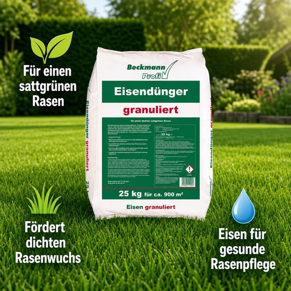 Sack mit Beckmann Profi Eisendünger granuliert 25 kg für Rasenpflege in einem Garten.