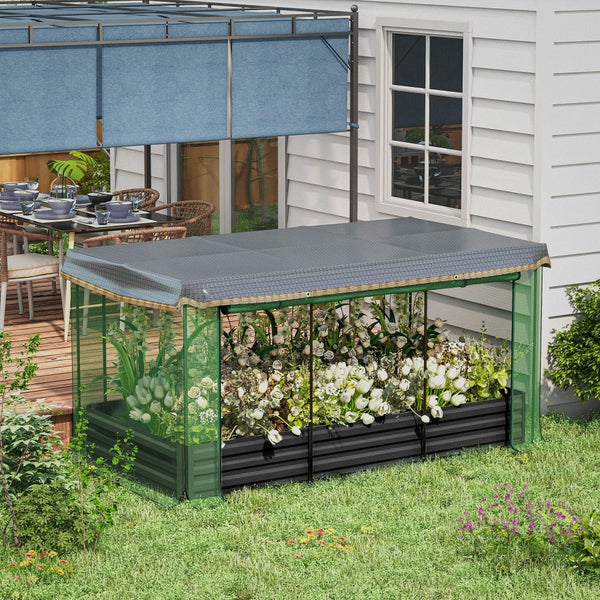 Outsunny Hochbeet Stahl, Pflanzkasten, Blumenkasten mit Vogelschutznetz, Sonnenschutz, Gartenbeet für Balkon, Terrasse, Dunkelgrau, 230 x 110 x 110 cm