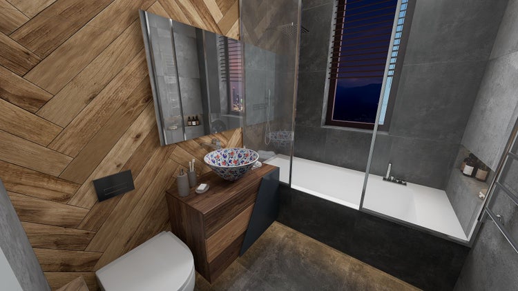 Badezimmer mit Badewanne, Waschtisch mit Aufsatzwaschbecken und Spiegel