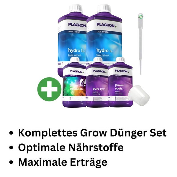 Plagron Hydro 5-Teiliges Dünger Set – Für Gesundes Wachstum & Reiche Blüten | Einfacher Hydro-Anbau für Anfänger, inklusive Hydro A & B, Green Sensation, Power Roots & Pure Enzym
