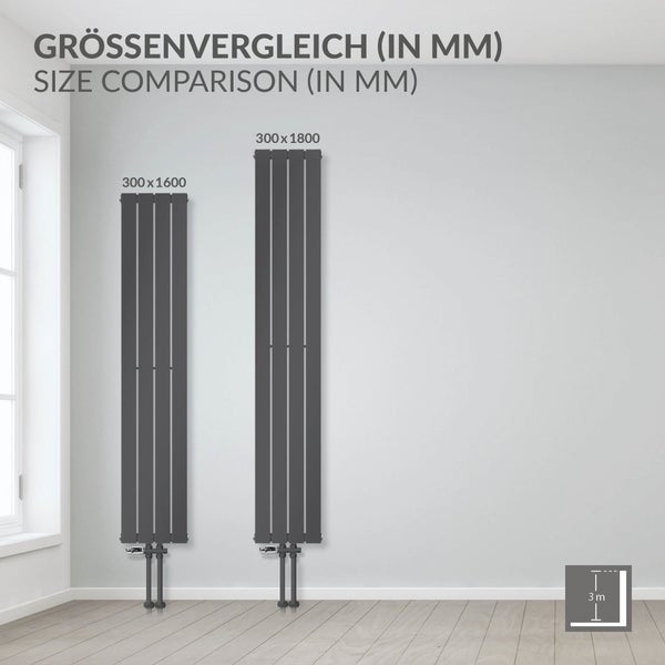 LuxeBath Paneelheizkörper Doppellagig 1800x300 mm Anthrazit Design Badheizkörper Mittelanschluss Bad/Wohnraum Heizung Designheizkörper Flach Heizkörper Flachheizkörper Vertikal Röhren mit Montage-Set