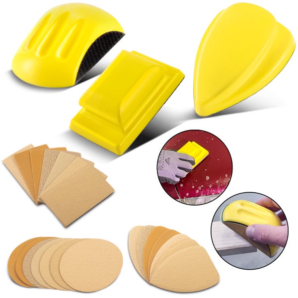 Handschleif-Set mit drei ergonomischen Schleifklötzen in verschiedenen Formen und passenden Schleifblättern für Holz- und Lackoberflächen.