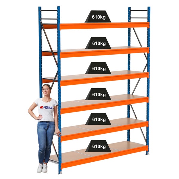 Schwerlastregal mit sechs Ebenen und einer Traglast von 610 Kilogramm pro Ebene.