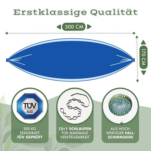 Naturbummler ® Hängematte Outdoor 300 x 170cm [CO2-Neutral und TÜV-Zertifiziert] mit Baumschutzmatte – Doppelschichtige Fallschirmseide bis 2 Personen 300kg Tragkraft