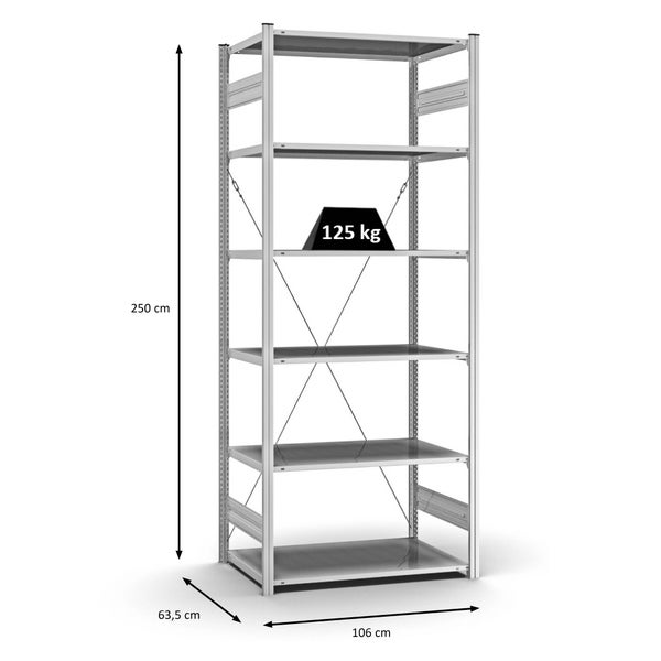 PROREGAL Profi Lagerregal Stecksystem T-Profil Grundregal HxBxT 250 x 100 x 60 cm Fachlast 125 kg Verzinkt