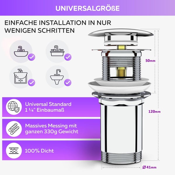 Ablaufgarnitur mit den Maßen 50 mm, 120 mm und Durchmesser 41 mm