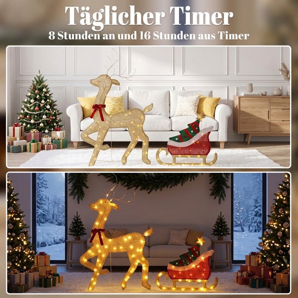 Beleuchtete Weihnachtsdekoration aus Rentier und Schlitten mit Timerfunktion fuer acht Stunden Betrieb und sechzehn Stunden Ruhezeit.