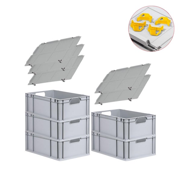 PROREGAL Spar Set 5x Eurobox Nextgen Economy Mit Auflagedeckel & 4x Schiebeschnappverschlüsse Gelb Griffe Offen HxBxT 22 x 40 x 60 cm 44 Liter